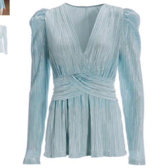 Metallic Pleated Knit Long-Sleeve Top Light Blue Sizes XXS,Xs, S, L - Picture 2 of 4